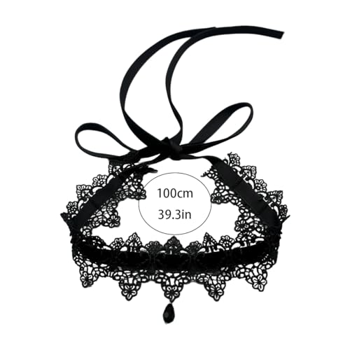 Gothic Lace Choker Tie-Up Velvet Ribbon 2 Pack Black & Burgundy Soft Collar Necklace with Crystal Drop Pendant Set - color: Black+Burgundy