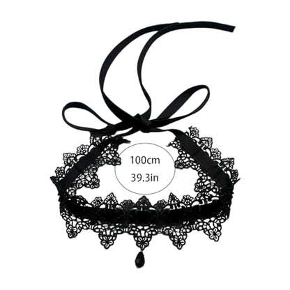 Gothic Lace Choker Tie-Up Velvet Ribbon 2 Pack Black & Burgundy Soft Collar Necklace with Crystal Drop Pendant Set - color: Black+Burgundy