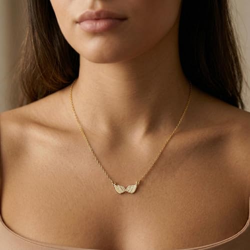 Gold Silver Pendant Necklace for Women, Dainty CZ Jewelry Gift | 14K Gold Silver Plated, Cubic Zirconia Pearl Charm, Trendy Layered Necklace, Adjustable Chain, Waterproof, Hypoallergenic - color: Gold-Angel Wings