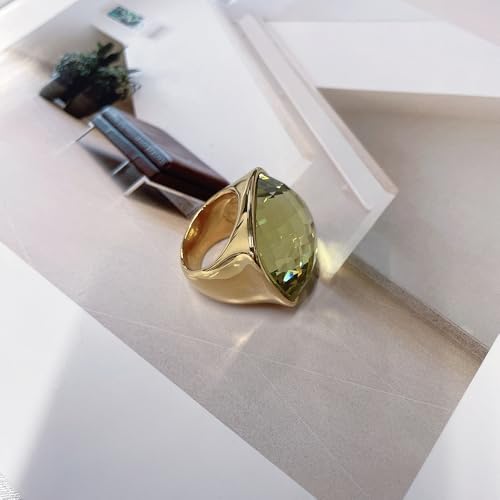 Chunky Square Crystal Glass Stainless Steel Statement Ring for Women Men Gold-Tone Plated Exaggerated Large Geometric Green Cubic Zirconia Finger Band Knuckle Rings Cocktail Prom Fashion Jewelry - color: Olive Green