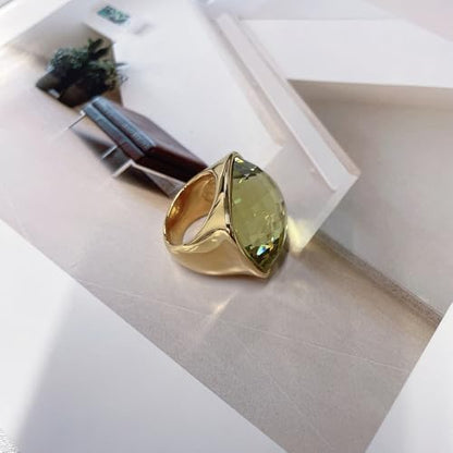 Chunky Square Crystal Glass Stainless Steel Statement Ring for Women Men Gold-Tone Plated Exaggerated Large Geometric Green Cubic Zirconia Finger Band Knuckle Rings Cocktail Prom Fashion Jewelry - color: Olive Green
