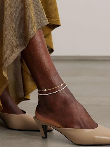 Robaice Adjustable Ankle Set for Women Waterproof, 14K Gold Plated | Layered Cuban, tennis, herringbone and clover chain styles, waterproof and non-tarnish for everyday wear or gifting - color: Tennis & Clover - Gold (2pcs)