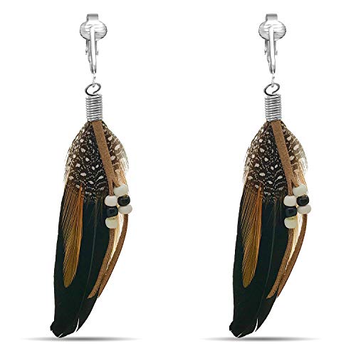 Aloha Earrings-Clip On Real Feather Earrings-Dangle Clip On Earrings Tassel Long Clip Earrings Bohemian - color: Black Feathers