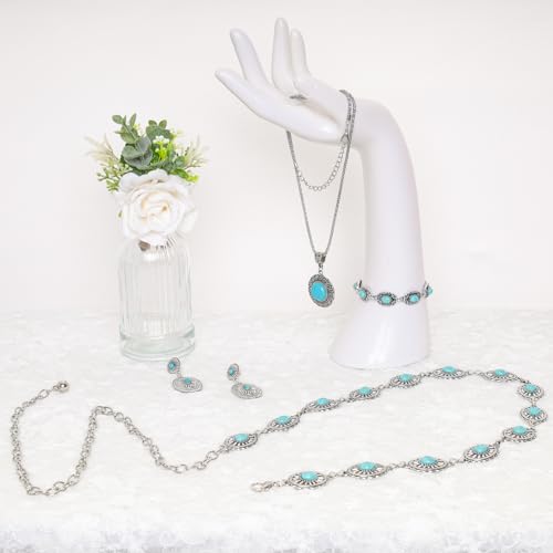 Fumwase 4 Pieces Bohemian Turquoise Jewelry Set Chain Waist Belt Turquoise Necklace Vintage Turquoise Dangle Earrings and Bracelet Western Jewelry for Women Vintage Retro Boho Jewelry Set (Fresh Style)