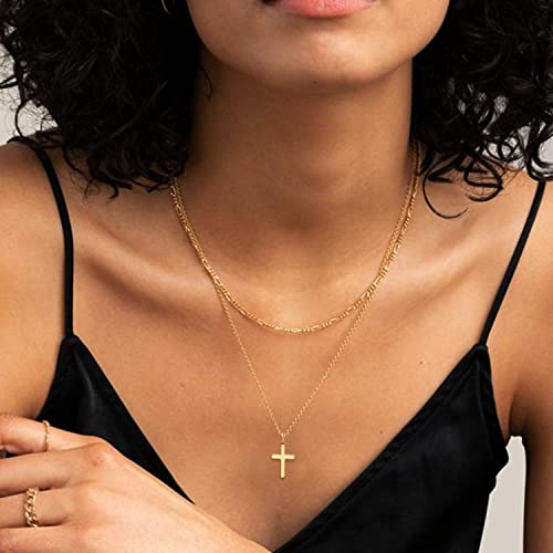 Aisansty Dainty Layered Choker Necklaces Handmade Coin Tube Star Pearl Pendant Multilayer Adjustable Layering Chain Gold Plated Necklaces Set for Women - color: Gold, style: Gold-Cross