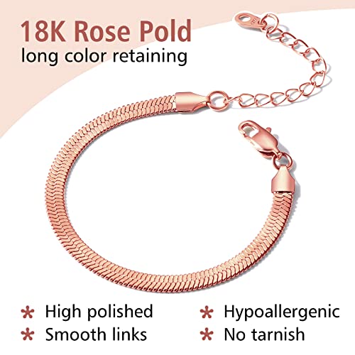 FindChic Elegant Herringbone Snake Chain Anklets/Bracelets 3MM/5MM Width Stainless Steel/18K Gold/Rose Gold Plated/Black 4 Color Options, 8.3'' 8.5'' 10.5'' Length, with Gift Box - color: B: 5mm 6.3'' bracelet (Rose Gold Plated)