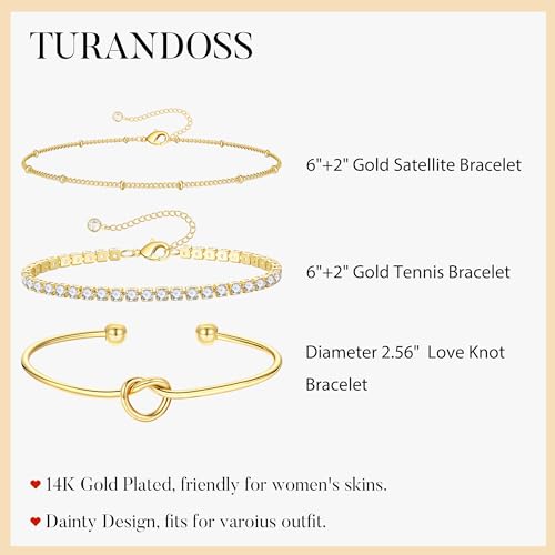 Turandoss Gold Bracelets for Women - Dainty 14K Gold Plated Tennis Bracelet | Stackable Cross Beaded Set, Twisted Rope Chain, Snake Paperclip Chain, Knot Cuff Bracelets for Women, Jewelry Gifts - color: Knot Tennis Set