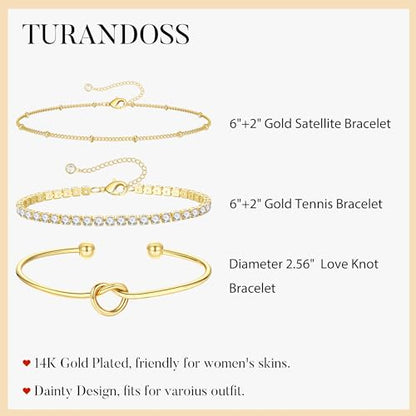 Turandoss Gold Bracelets for Women - Dainty 14K Gold Plated Tennis Bracelet | Stackable Cross Beaded Set, Twisted Rope Chain, Snake Paperclip Chain, Knot Cuff Bracelets for Women, Jewelry Gifts - color: Knot Tennis Set