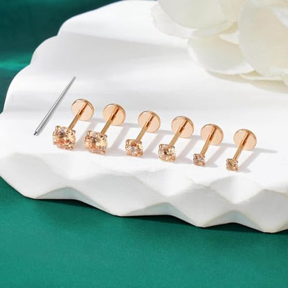 Gotumo 20G 18G 16G Flat Back Earrings Stud Nose Ring Titanium Internal Thread Tragus Labret Cartilage Lip Medusa Conch Body Piercing Jewelry Nose Stud Hypoallergenic for Women Men - color: Rose Gold, size: 16G Bar-6/7/8mm & CZ-2/3/4mm