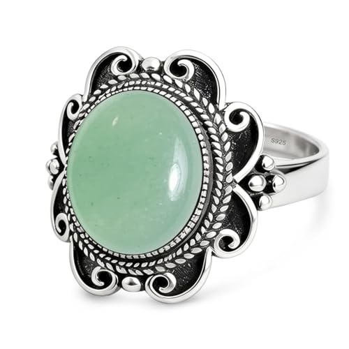 Sterling Silver Natural Stone Ring,Retro Antique Vintage Oval Genuine Real Crystal Quartz Gemstone Wide Boho Bohemian Statement Chunky Ring for Women - color: A07_Aventurine Quartz