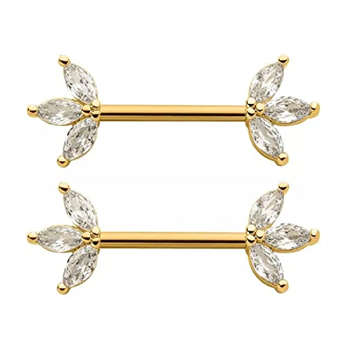 Pierced Owl 14GA 316L Stainless Steel Triple CZ Crystal Marquise Ends Nipple Barbells, Sold as a Pair - style: Gold Tone/Clear