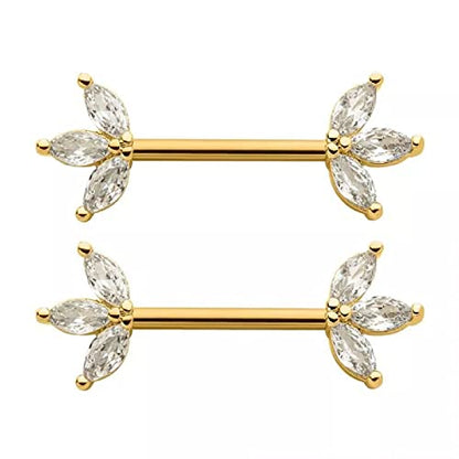 Pierced Owl 14GA 316L Stainless Steel Triple CZ Crystal Marquise Ends Nipple Barbells, Sold as a Pair - style: Gold Tone/Clear