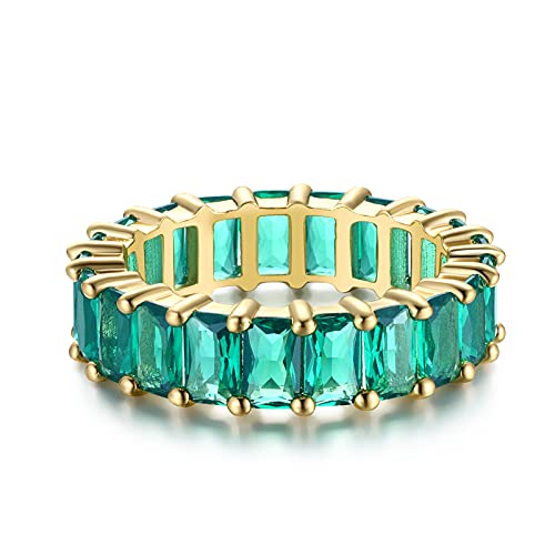 Nossa Green Emerald Band (5 Carat) 18K Gold Plated Claw Prong | Rectangle Emerald Cut Eternity Band CZ Ring - color: Green Emerald