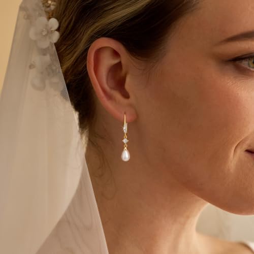 Plenky Pearl Earrings-14K Gold Plated Dainty Pearl Drop Simple Wedding CZ Dangle Dangling Cute Stud Earrings for Brides Earrings for Women Gifts - style: G-CZ Hook Pearl Earrings