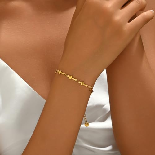 18K Gold Plated Pearl Beaded Cross Bracelets for Women Adjustable Stainless Steel Dainty Thin Gold Box Cuban Twisted Link Chain Bracelet Bridesmaid Jewelry Gifts - color: Multi Cross-Gold
