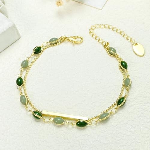 Green Blue Oval Stone Inlay Bar Accent Double Chain Link Bracelet For Women Dainty Minimalist Fashion Adjustable Layering Gold Color Chic