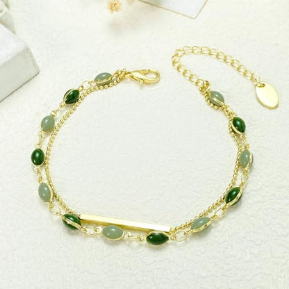 Green Blue Oval Stone Inlay Bar Accent Double Chain Link Bracelet For Women Dainty Minimalist Fashion Adjustable Layering Gold Color Chic