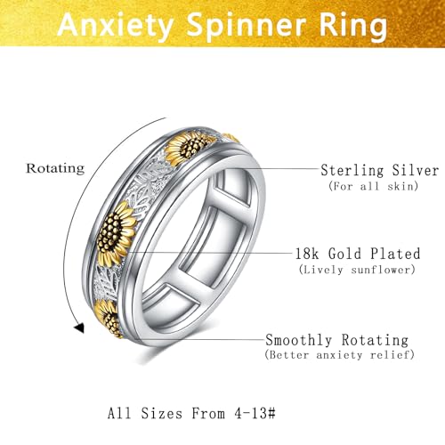 POPLYKE Sterling Silver Anxiety Spinner Rings Spinning Fidget Rings for Women Relieve Stress Jewelry Gifts - color: Sunflower