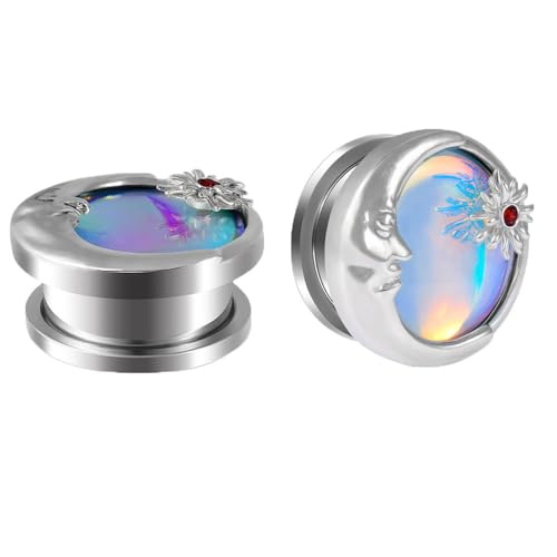 2PCS Sun Moon Ear Tunnels Plugs Flash Film 316L Stainless Steel Screw Ear Expander Stretcher Piercing Ear Gauges Body Jewelry 8mm-25mm - color: 00g(10mm)