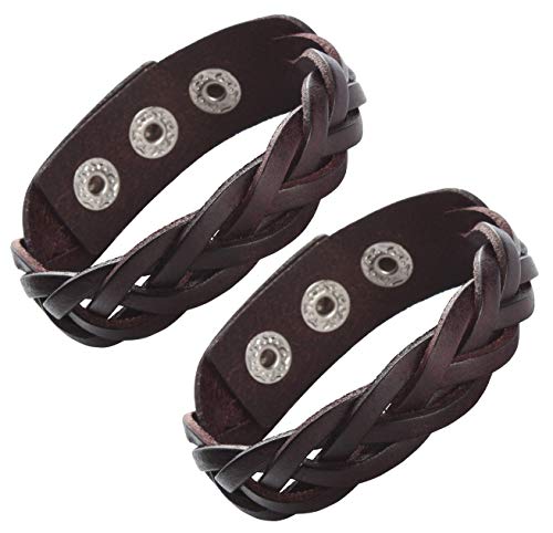 CCBFY Genuine Leather Bracelet Braided Sporty Wide Wristband Punk Jewelry for Men Women - color: Set of 2 - Brown