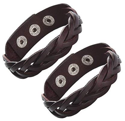 CCBFY Genuine Leather Bracelet Braided Sporty Wide Wristband Punk Jewelry for Men Women - color: Set of 2 - Brown