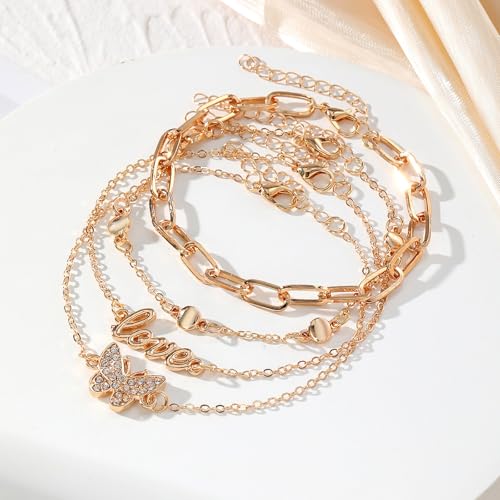 Fesciory 14K Gold Plated Ankle Bracelets Sets For Women, Adjustable Layered Infinite Anklet, Summer Beach Butterfly Star Foot Chain Jewelry Gifts - style: Love(Gold)