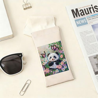 Diamond Art Painting Eye Glass Bag PU Sunglasses Glasses Storage Bag Built-in Glasses Cloth Press Automatic Closure - color: Panda