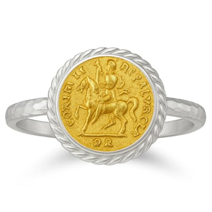 CAPRIXUS Signet Ring 925 Sterling Silver Coin Ring 24K Gold Vermeil Designer Handmade Rings for Women Two Tone Hammered Pinky Ring Turkish Fine Jewelry