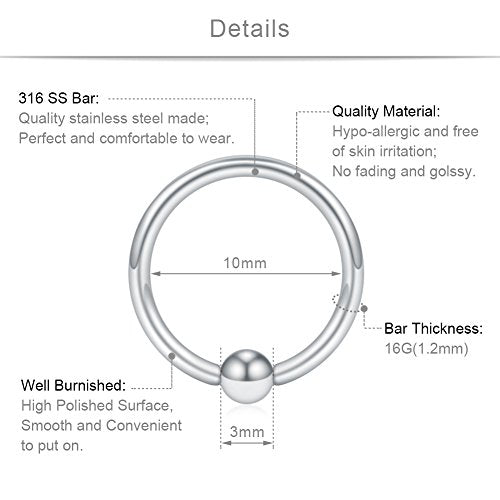 SCERRING 16G Captive Bead Piercing Ring Stainless Steel Nose Septum Tragus Helix Nipple Lip Eyebrow Hoop Rings 12PCS - style: 12PCS - 10mm Silver