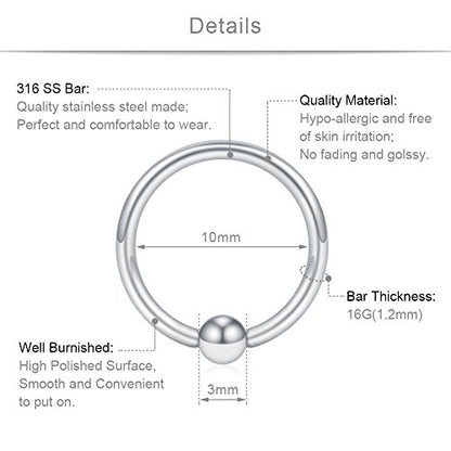 SCERRING 16G Captive Bead Piercing Ring Stainless Steel Nose Septum Tragus Helix Nipple Lip Eyebrow Hoop Rings 12PCS - style: 12PCS - 10mm Silver