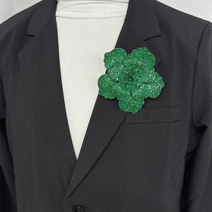 Rhinestone Flower Brooch Pin for Women Men Elegant Sparkly Crystal Camellia Floral Lapel Pins Shawl Dress Suit Clothes Accessories Wedding Party Fashion Jewelry 105mm - color: Green