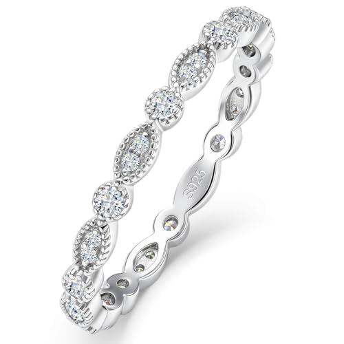 WES Moissanite Eternity Band Ring for Women - 925 Sterling Silver 14K White Gold Plated Alternating Round & Marquise Vintage Milgrain Stackable Wedding Band, Size 4-11