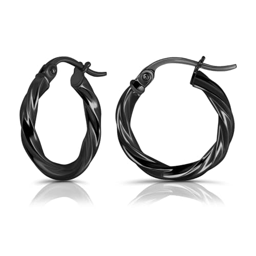 Hoops & Loops 925 Sterling Silver Twisted Hoop Earrings for Women - Hypoallergenic 14K Gold, Rose Gold, Black Flash Plated 2mm Thin Twist Design Round Click-Top Hoops, 15/20/25/30/35/40/50/60mm - color: Black-15mm (0.59 inch)