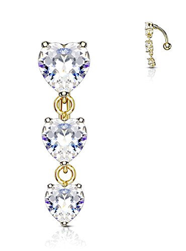 Forbidden Body Jewelry Surgical Steel Sexy Dangle Reverse Mount Triple CZ Vertical Drop Belly Button Ring - color: Gold, Heart CZ's