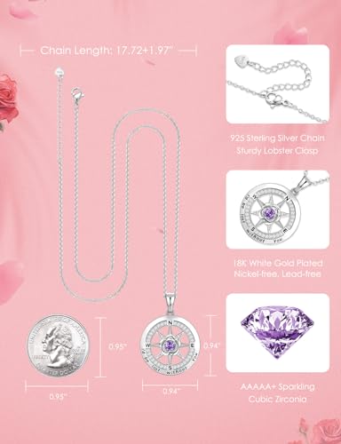Meeshi Silver Compass Necklace for Women Birthday Gifts for Wife Anniversary Necklace for Women Rose Flower Birthstone Necklaces for Wife Jewelry for Womens Girlfriend Mom Daughter - style: 02-February-Amethyst