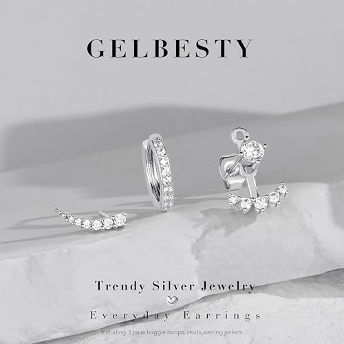 Gelbesty Gold Stud Earrings Set for Women, 3 Pairs Huggie Hoop Jacket Studs Earring Stacks - color: Silver