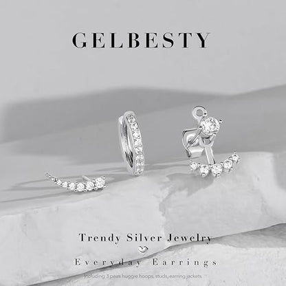 Gelbesty Gold Stud Earrings Set for Women, 3 Pairs Huggie Hoop Jacket Studs Earring Stacks - color: Silver