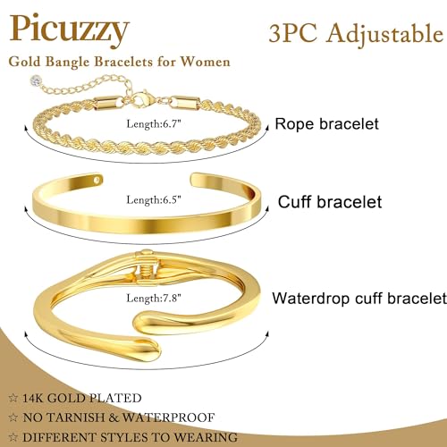 14K Gold Plated Stackable Bangle Bracelets for Women | Dainty Cuff Bracelets, Stackable for Women, Waterproof Bracelet Stack, Gold Jewelry Gifts Trendy Adjustable Accessories - color: 3-layer-H-Gold