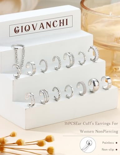 Giovanchi 16Pcs Ear Cuffs Non Piercing Ear Cuff Earrings for Women | 14K Gold Plated Ear Cuff, Adjustable, Non Pierced Ears, Clip on Cartilage Earring Fake Earrings Set - color: A-14K White Gold Plated