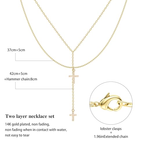 Dochais Dainty Gold Layered Necklace for Women, 14K Gold Plated Y Necklace & Chain, Dainty Lariat Long Necklaces, Trendy Cubic Zirconia Choker, Sun, Heart, Pearl & Cross Pendant Necklace, Jewelry Gift - color: Y Layered Cross Pendant Lariat-GD