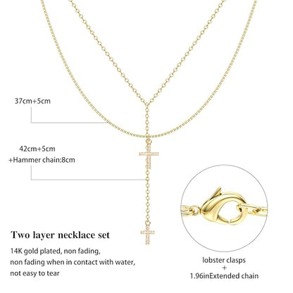 Dochais Dainty Gold Layered Necklace for Women, 14K Gold Plated Y Necklace & Chain, Dainty Lariat Long Necklaces, Trendy Cubic Zirconia Choker, Sun, Heart, Pearl & Cross Pendant Necklace, Jewelry Gift - color: Y Layered Cross Pendant Lariat-GD