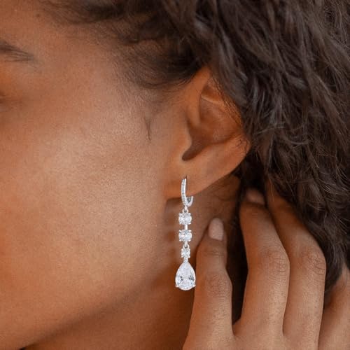 Dangle Earrings for Women Trendy, 14K Gold Plated CZ Huggie Drop Earrings, Dainty Long Chain Prom Wedding Jewelry Gift for Her - style: Teardrop CZ Silver