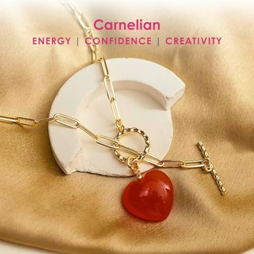 Gempires Gemstone Heart Pendant Necklace for Women, Gold Toggle Birthstone | Handmade gemstone heart pendant necklace — choose from 11 stones and birthstones, gold toggle paperclip chain. - color: Carnelian