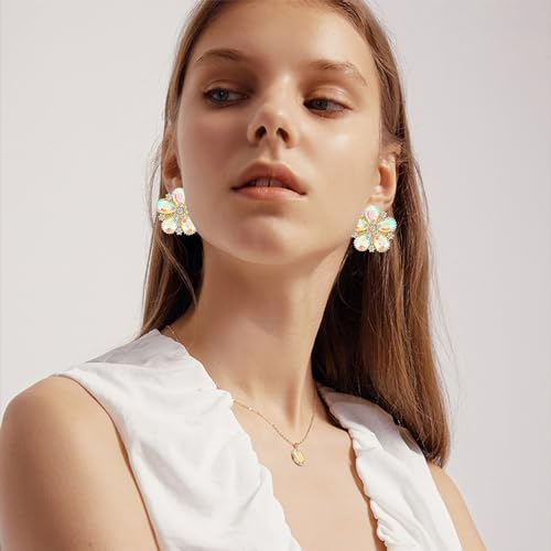 Bohemian Sparkly Crystal Flower Sliver Lightweight Stud Earrings Peach Blossom Rhinestone Floral Dangle Earrings For Women Jewelry Gifts - color: Colorful White