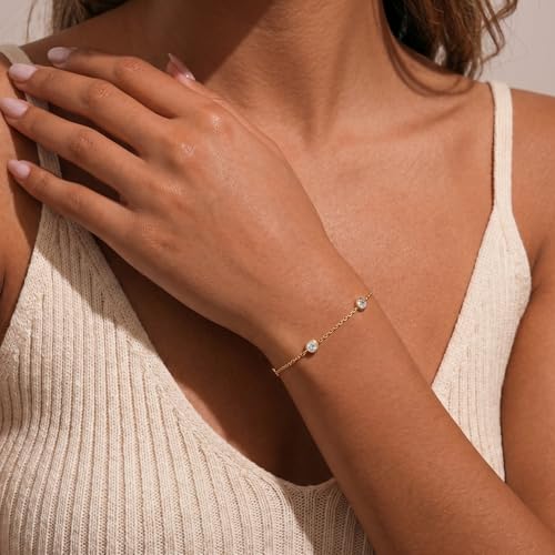 Bracelets for Women, Dainty Gold Silver Ring Bracelet Hand Chain | Cubic Zirconia Pearl Charms, 14K Gold Plated, Adjustable Fit, Trendy Stackable Link Chain, Waterproof Jewelry, Gift for Her - color: Gold-cz station bracelet