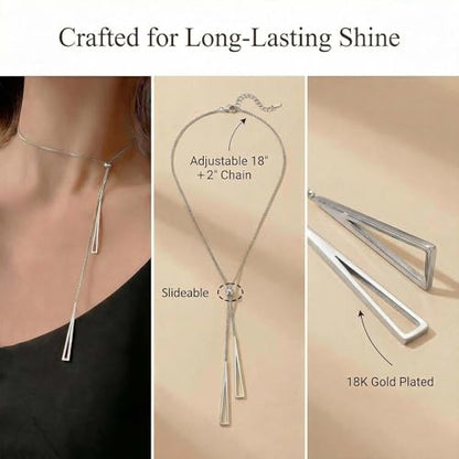 Lariat Gold Necklace for Women, Dainty Long Necklace Gold/Silver Plated Y-Shaped Pendant Necklace, Trendy Drop Necklaces Simple Gold Jewelry Gifts For Women - style: Triangle-Silver