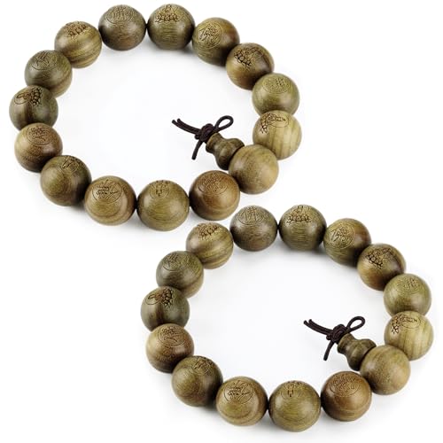 Landical 2 Pcs Tibetan Buddhist Green Sandalwood Beads Bracelets 15mm Scented Sandalwood Link Wrist Adjustable Wooden Crafts Prayer Beads for Men Women Meditation Protection