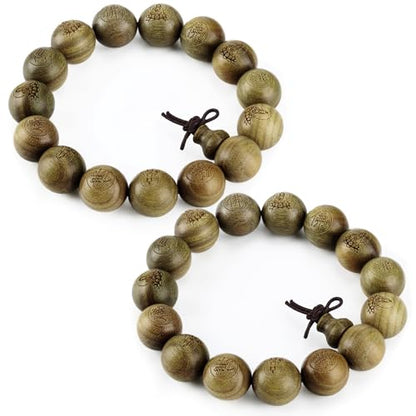 Landical 2 Pcs Tibetan Buddhist Green Sandalwood Beads Bracelets 15mm Scented Sandalwood Link Wrist Adjustable Wooden Crafts Prayer Beads for Men Women Meditation Protection