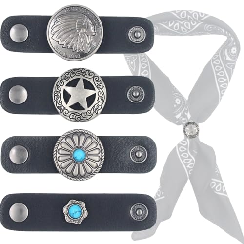 PEARLY JUN 4Pcs Western Bandana Scarf Ring Neckerchief Slide Buckle for Men Women Silk Scarves Cowboy Accessories - color: Silver B