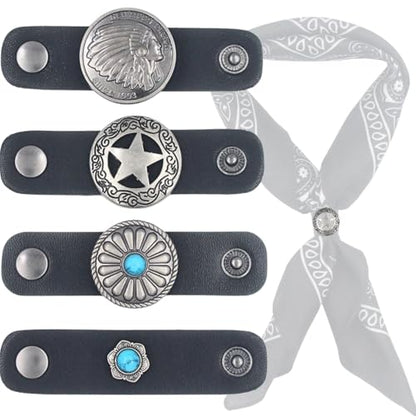 PEARLY JUN 4Pcs Western Bandana Scarf Ring Neckerchief Slide Buckle for Men Women Silk Scarves Cowboy Accessories - color: Silver B